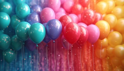 Animation of blue, green, yellow, pink and red balloons on a rainbow background ,generative ai. - obrazy, fototapety, plakaty