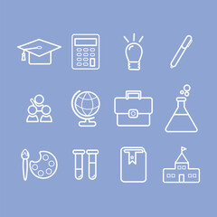 Icônes Education élégants, école, apprendre, étudier, calculatrice, ampoule, chimie. Illustration. Vecteurs	