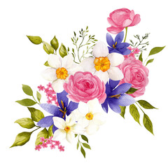 Watercolor hand draw floral bouquet with spring flowers, green grass and leaves, isolated on transparent background, PNG files.