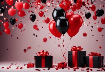 Red and Black Birthday Party with Balloons Gifts and Confetti