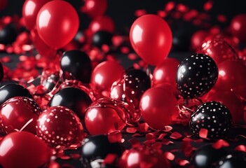 Red and Black Party with Balloons Gifts and Confetti Luxurious Background