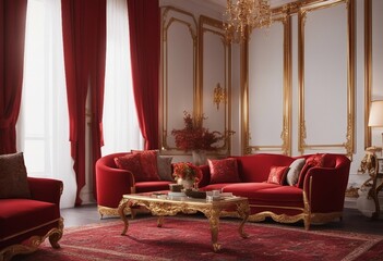 Red Living Room with Ornate Gold Borders on White Wall