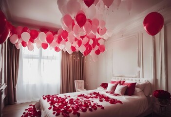 Romantic Honeymoon Bedroom Adorned with Balloons and Rose Petals 