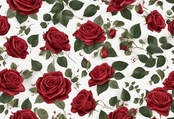 Seamless Pattern of Detailed Red Roses with Rich Petals and Varied Green Leaves on a White Background 