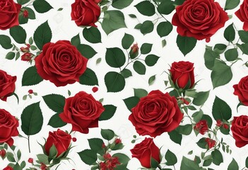 Seamless Pattern of Detailed Red Roses and Varied Leaves on a White Background