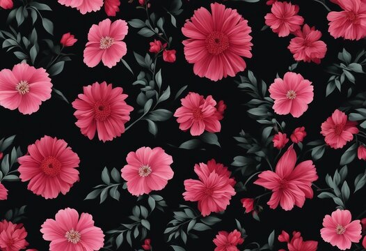 Seamless Red and Soft Pink Flowers on Black Background