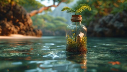 bottle with rolled up letter in it floating in water, generative ai - obrazy, fototapety, plakaty