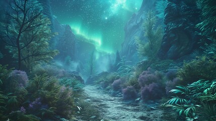 A mystical trail bordered by luminous, otherworldly plants and crystals, under a celestial sky filled with vibrant auroras. - obrazy, fototapety, plakaty