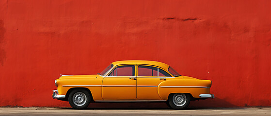 A yellow retro car on a red wall background in a minimal style