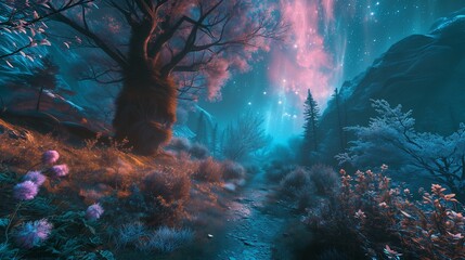 Fototapeta na wymiar A mystical trail bordered by luminous, otherworldly plants and crystals, under a celestial sky filled with vibrant auroras.
