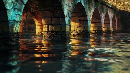 A powerful, concentrated LED beam from beneath the water, spotlighting the central arch of the stone bridge - obrazy, fototapety, plakaty