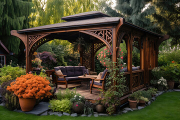 Obraz premium Beautiful wooden gazebo in the backyard or park