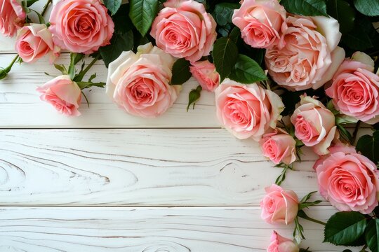 Background with border of white and pink small roses on painted wooden planks. Place for text.