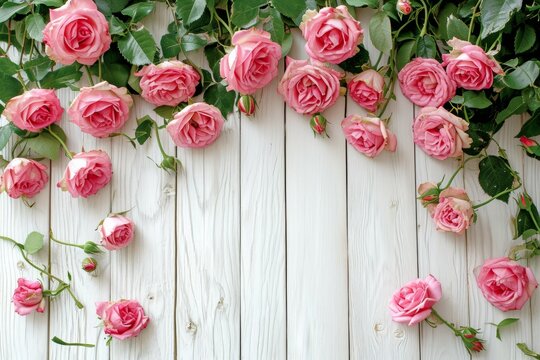Background with border of white and pink small roses on painted wooden planks. Place for text.