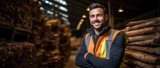 Male worker in timber warehouse