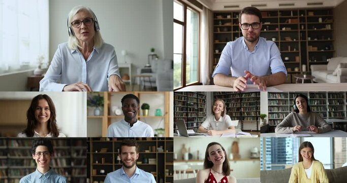 Different age and race people using video call application, enjoy worldwide communication by business, study, smile look at camera, make speech, lead negotiation, e-learn, enjoy virtual meeting event