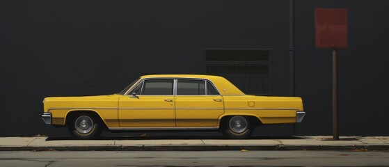 A yellow retro car on a black wall background in a minimal style