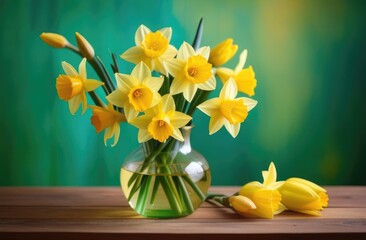 mothers Day, international Womens Day, St. Davids Day, bouquet of yellow daffodils in a glass vase, spring flowers, green background