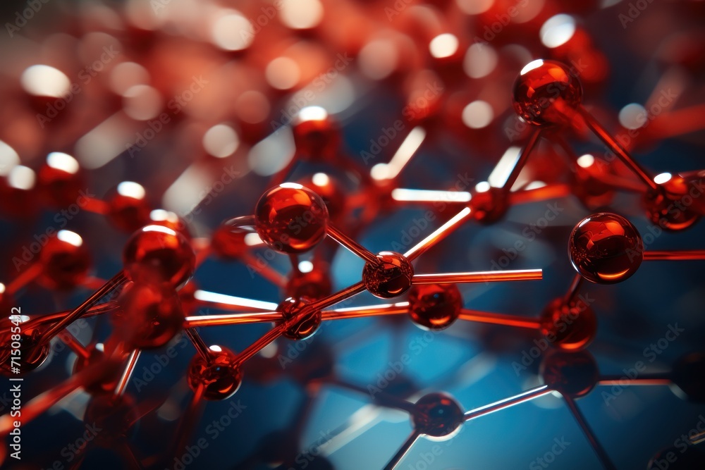 Poster a close up of a bunch of red balls on a blue background with a blurry image in the background.