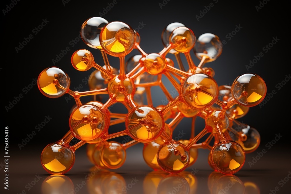 Poster a close up of an orange model of a snowflake on a black background with a reflection of the snowflak
