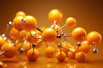  a group of orange balls are arranged in the shape of a structure on a reflective surface with a brown background.