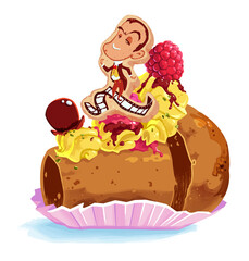 Babà al rum con crema pasticcera,lamponi, granella di pistacchi e "biscotto Totò". A colori. Pasticceria.