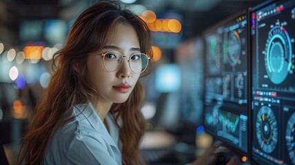 Naklejka premium asian woman as a car designer engineer working with the computer. generative ai.