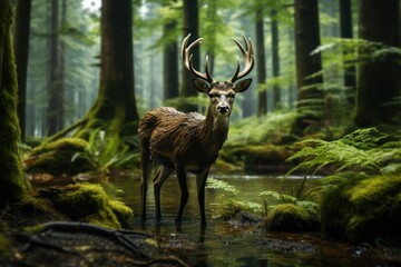  a deer standing in the middle of a forest with lots of trees and ferns on it's sides and a stream running through the middle of the forest.