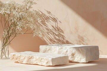 
Minimal concrete background for branding and packaging presentation. Textured stone on a beige background with white flowers