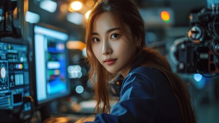 Naklejka premium asian woman as a car designer engineer working with the computer. generative ai.