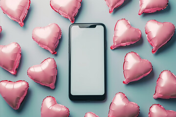 flat lay view of a mobile phone mockup surrounded by valentine heart shaped balloons - obrazy, fototapety, plakaty
