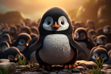 a penguin sitting on a rock in the middle of a field of rocks with a group of penguins in the background. - obrazy, fototapety, plakaty