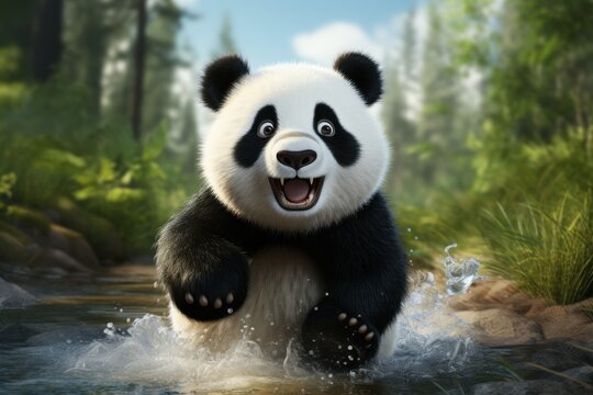  a panda bear is in the water with his paws on the edge of the water and it's mouth open.
