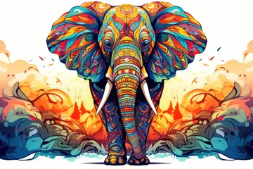 Foto op Canvas  a colorful elephant with tusks standing in front of a white background with a splash of paint on it. © Nadia