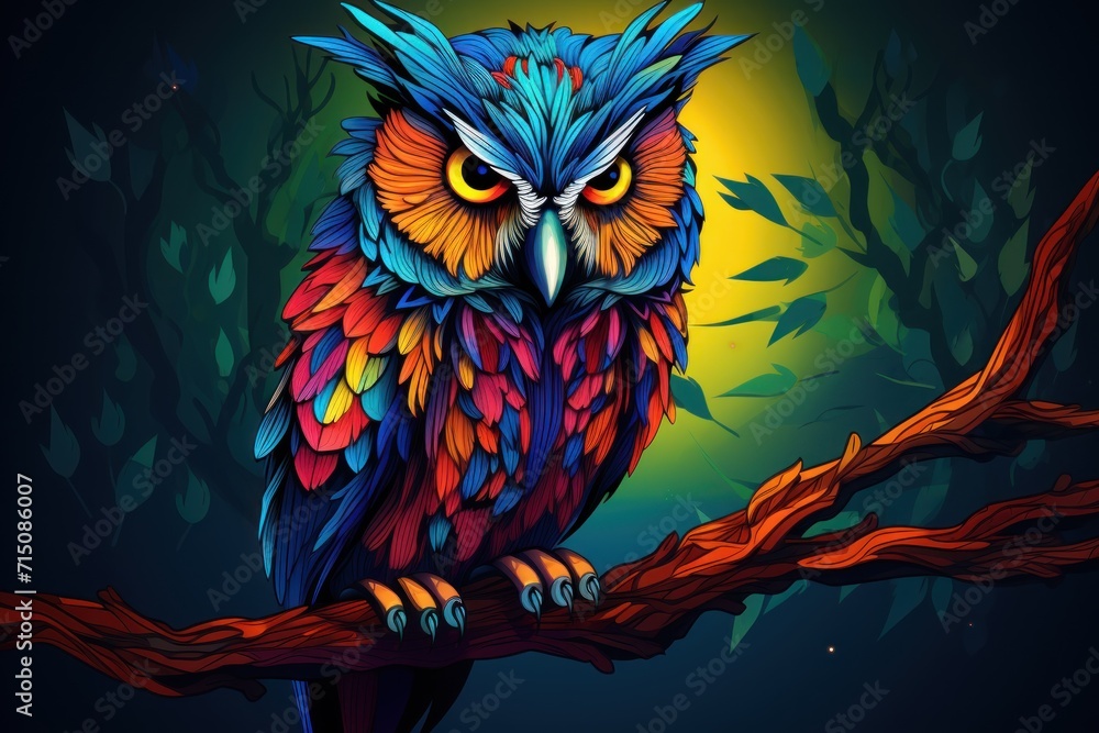 Poster a colorful owl sitting on top of a tree branch in front of a full moon with leaves and branches in t