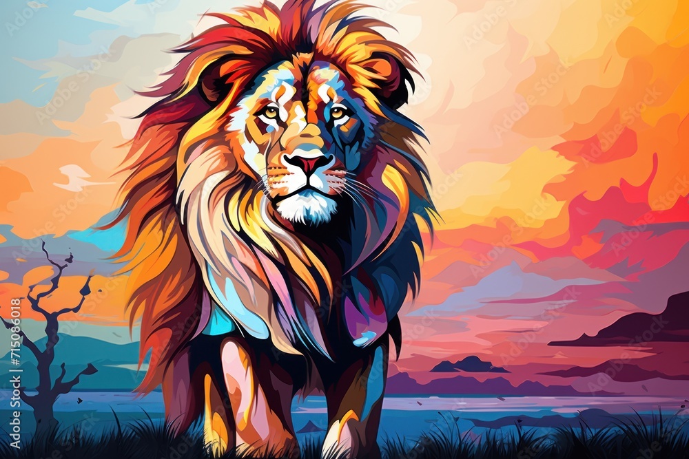 Poster a painting of a lion standing in a field with a sunset in the background and a tree in the foregroun