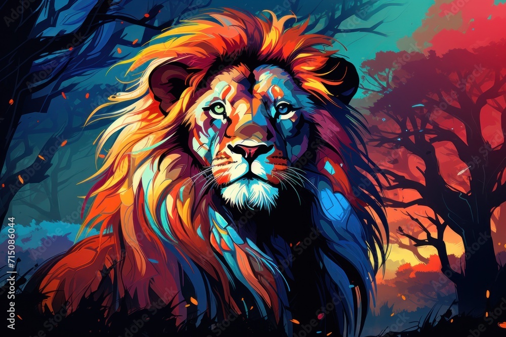 Aufkleber a painting of a lion's face in front of a colorful background with trees and leaves in the foregroun