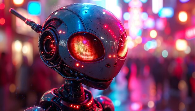Dancing alien robot on a metal background with bright neon lights ,generative ai