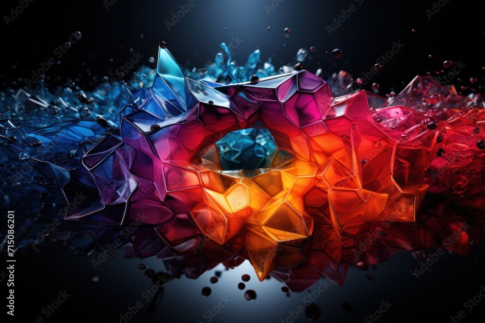 Poster a multicolored object is shown in the middle of a black background with a reflection of the object i