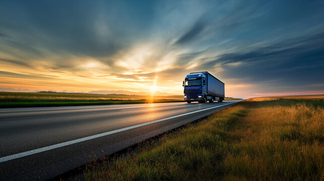 Sunset drive with a blue semi-truck on a country road, golden hour lighting, transport logistics, freight delivery, serene landscape, long haul.