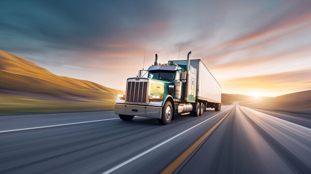Big rig trucking at dusk, transport logistics, highway travel, sunset backdrop, freight industry, dynamic motion, cross-country, commercial delivery.