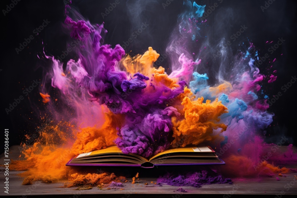 Poster an open book with colored smoke coming out of it on top of a wooden table in front of a black backgr