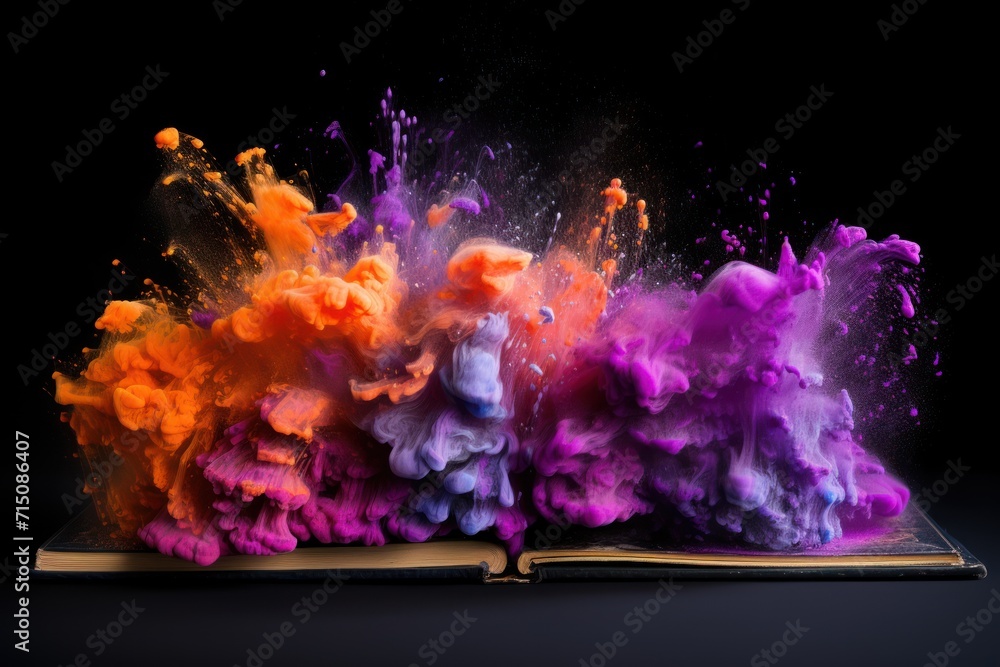 Poster a book covered in colored powder on top of a black surface with an open book in the middle of it.