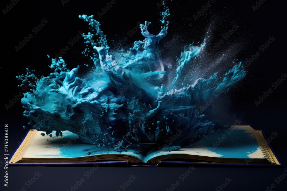 Aufkleber an open book with a blue liquid splashing out of it on top of a black background in front of a black