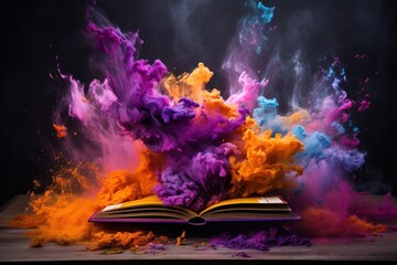  an open book with colored smoke coming out of it on top of a wooden table in front of a black background.