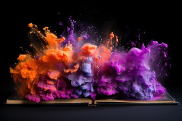  a book covered in colored powder on top of a black surface with an open book in the middle of it.