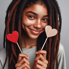 A young girl with dark skin and freckles holds two hearts in her hands. Valentine's Day