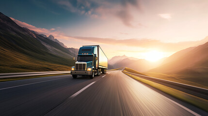Highway trucking in sunset glow, cargo transport, logistics and freight, speedy delivery, road journey, commercial truck, industry, dusk, travel.