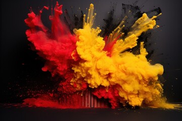  a red, yellow, and black colored substance is mixed with a red and yellow object on a black background.