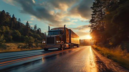 Morning haul with a blue semi-truck on a picturesque mountain road, glowing sunrise, logistics and freight, highway journey, commercial transport - obrazy, fototapety, plakaty